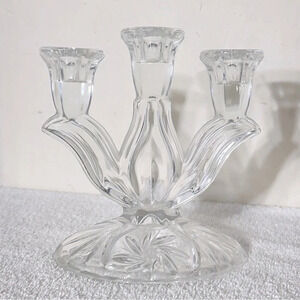 Vintage  Cut Crystal Pinwheel Star Pattern 3 Arm Candle Holder Candelabra